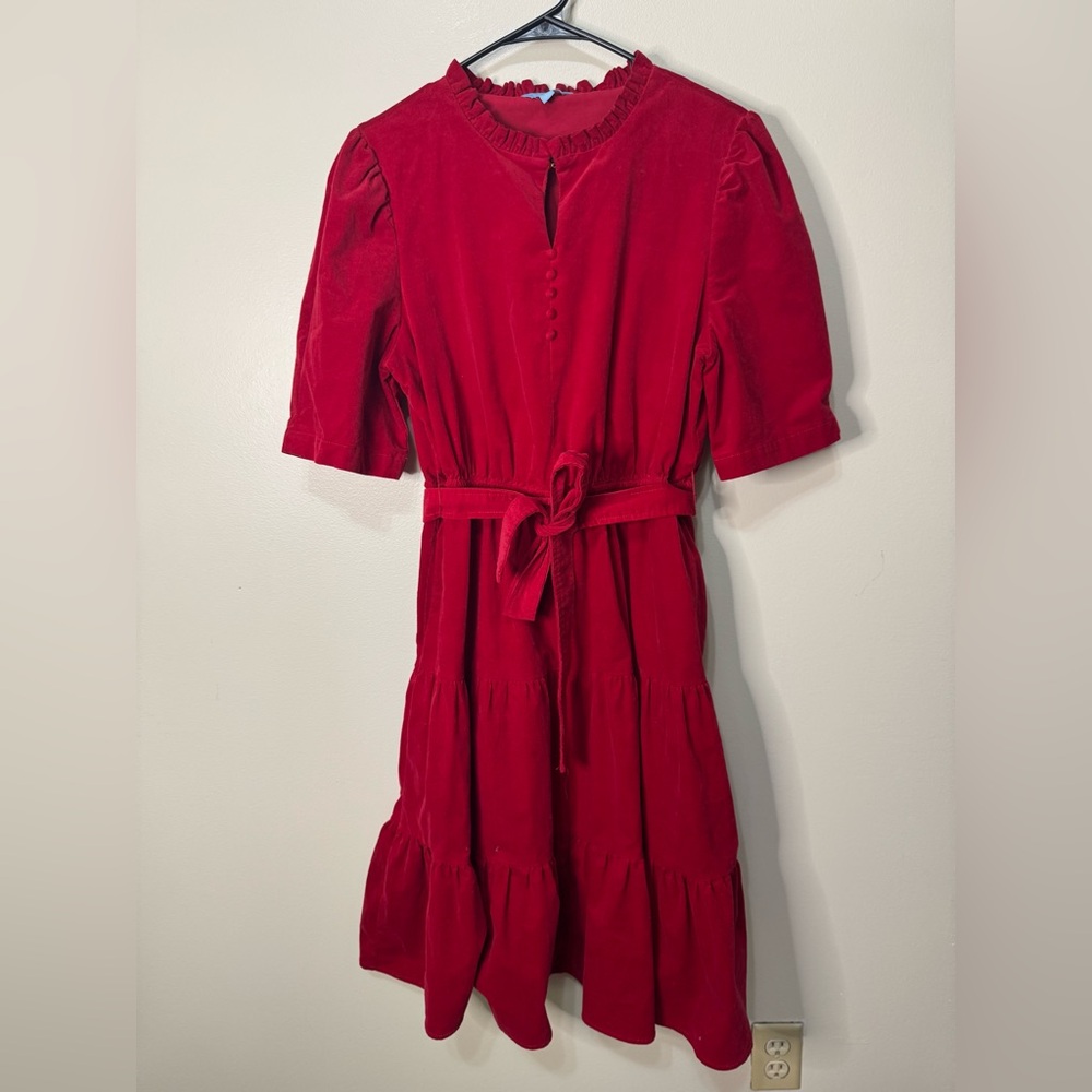 Draper James Red Tiered Velvet Dress with Tie Waist